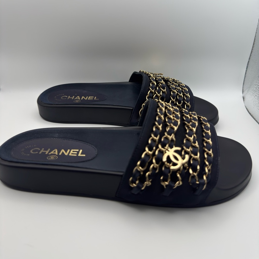 Chanel Chain Slides / Sandals - Navy Blue & Gold - Size 38 - Picture 3 of 5